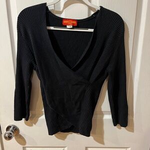 Krazy Larry Black Ribbed Wrap Blouse with 3/4 Sleeves